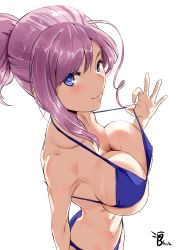 1girl absurdres bare_shoulders bikini bikini_pull blinkblink_art blue_eyes blush breasts cleavage closed_mouth clothes_pull fate/grand_order fate_(series) from_above from_side halterneck high_ponytail highres large_breasts looking_to_the_side miyamoto_musashi_(fate) pink_hair ponytail purple_bikini revision sidelocks signature smile solo standing strap_pull swimsuit torso underboob