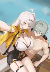 1boy 1girl asymmetrical_gloves bare_shoulders breasts cleavage gloves grey_eyes grey_hair high-waist_shorts highres large_breasts liangfen long_hair looking_at_viewer pants short_hair shorts topless_male vest white_hair white_pants wise_(zenless_zone_zero) yellow_eyes yellow_vest yi_xuan_(zenless_zone_zero) yin_yang_pin zenless_zone_zero