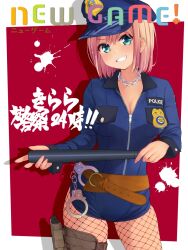 1girl baton_(weapon) belt black_pantyhose blue_hat blue_leotard blush breasts brown_belt chain chain_necklace chuutaro_metal cleavage collarbone cover cover_page cuffs fishnet_pantyhose fishnets green_eyes grin gun handcuffs handgun hat holding holding_baton holster jewelry large_breasts leotard long_sleeves looking_at_viewer medium_hair mochizuki_momiji necklace new_game! pantyhose pink_hair police police_badge police_hat police_uniform policewoman red_background revolver smile solo thigh_holster thighs weapon white_background zipper zipper_pull_tab