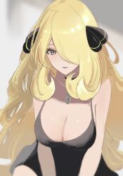 1girl bare_arms bare_shoulders black_choker black_dress blonde_hair breasts choker cleavage cynthia_(pokemon) dress grey_eyes hair_ornament hair_over_one_eye highres large_breasts long_hair looking_at_viewer nintendo one_eye_covered parted_lips pokemon pokemon_dppt ringosan2329 solo upper_body very_long_hair