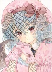 Rule 34 | 1girl, absurdres, beret, black wings, blue hair, bow, closed mouth, colored eyelashes, commentary, detached collar, dot mouth, dot nose, dress, fishnet sleeves, fishnet veil, fishnets, flower, frilled dress, frills, glove bow, gloves, hair between eyes, hands on own chin, hat, hat bow, hat flower, head rest, head tilt, highres, interlocked fingers, kisarush, looking at viewer, medium hair, painting (medium), pink dress, pink gloves, pink hat, portrait, puffy short sleeves, puffy sleeves, red bow, red eyes, remilia scarlet, rose, short sleeves, simple background, solo, touhou, traditional media, veil, watercolor (medium), watermark, wavy hair, white background, white flower, white rose, wings