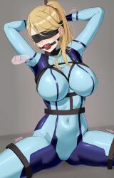1girl absurdres amayo_thranana arms_up ball_gag bdsm black_blindfold blindfold blonde_hair blue_bodysuit blush bodysuit bondage bound bound_wrists breasts covered_navel female_focus gag gagged hands_on_own_head high_ponytail highres large_breasts long_hair metroid mole mole_under_mouth nintendo paid_reward_available ponytail rope samus_aran shibari shibari_over_clothes sitting solo spread_legs two-tone_bodysuit zero_suit