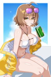 1girl absurdres anis_(nikke) anis_(sparkling_summer)_(nikke) bikini breasts brown_eyes brown_hair cats_in_abox drinking_straw eyepatch_bikini goddess_of_victory:_nikke highres jacket large_breasts looking_at_viewer shiny_skin short_hair sitting solo sunglasses swimsuit white_bikini yellow_eyes yellow_jacket