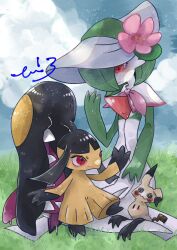 bob_cut bonnet colored_skin dress eb_allergy extra_mouth fangs flower gardevoir gardevoir_(fashionable) gen_3_pokemon gen_7_pokemon grass green_hair green_skin hair_over_one_eye hat hat_flower highres mawile mimikyu multicolored_skin nintendo on_grass outdoors pink_flower pokemon pokemon_(creature) pokemon_unite protected_link red_eyes signature sitting two-tone_skin white_dress white_skin yellow_skin