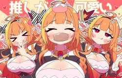 &gt;_&lt; 1girl :q ahoge black_hairband black_jacket blonde_hair blush_stickers bow braid breasts brooch cleavage cleavage_cutout closed_mouth clothing_cutout collared_shirt commentary_request crossed_bandaids diagonal-striped_bow dragon_girl dragon_horns eyes_visible_through_hair facing_viewer fang hairband halftone halftone_background hand_on_own_head hands_up head_bump heart highres hololive horn_bow horn_ornament horns jacket jewelry kiryu_coco kiryu_coco_(1st_costume) long_hair looking_at_viewer multicolored_hair multiple_views orange_hair outline pointy_ears puff_of_air red_eyes sakuramochi_(sakura_frappe) shirt shrugging side_braid sidelocks simple_background single_braid skin_fang smile star_(symbol) streaked_hair striped_background striped_bow tape_on_mouth text_background tongue tongue_out translation_request upper_body v v_over_mouth virtual_youtuber white_outline white_shirt