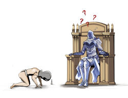 1boy 1girl ? ?? black_knife_tiche commentary_request elden_ring flying_sweatdrops fundoshi highres hood hood_up japanese_clothes kageisland_9lov mask masked muscular muscular_male prisoner_(elden_ring) simple_background sitting sitting_on_throne tarnished_(elden_ring) throne white_background