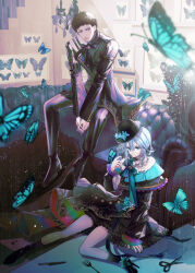 1boy 1girl absurdres alternate_costume arm_up belt black_dress black_eyes black_hair black_hat black_nails black_pants black_ribbon black_shoes black_suit blue_eyes blue_flower blue_hair blue_ribbon bug butterfly capelet classic_lolita closed_mouth collar collared_suit couch dot_mouth dress flower fork formal_clothes framed_insect frilled_capelet frilled_collar frilled_dress frilled_skirt frilled_sleeves frills hat high_heels highres hirose_(10011) insect knife lolita_fashion long_sleeves mixed-language_commentary nail_polish nijisanji official_alternate_costume own_hands_clasped own_hands_together pants picture_frame ribbon scissors shoes short_hair sitting skirt suit virtual_youtuber yashiro_kizuku yukishiro_mahiro yukishiro_mahiro_(3rd_costume)