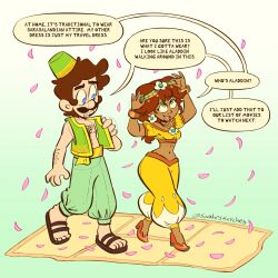 1boy 1girl arabian_clothes arm_hair artist_name blue_eyes bracelet breasts brown_hair carpet chest_hair circlet crop_top dark_skin dress earrings facial_hair flower_earrings full_body green_background green_eyes green_hat green_pants green_vest hat high_heels highres jewelry long_hair looking_up luigi luigi_(oasis) magic_carpet mario_(series) mario_kart mario_kart_world midriff mustache navel nintendo official_alternate_costume open_mouth pale_skin pants petals ponytail princess princess_daisy princess_daisy_(oasis) puffy_short_sleeves puffy_sleeves sandals sarah_sketches shoes short_hair short_sleeves simple_background sleeveless speech_bubble vest