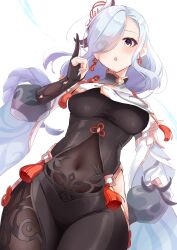 Rule 34 | 1girl, absurdres, arm behind back, black bodysuit, black gloves, blue eyes, blue nails, blush, bodystocking, bodysuit, breast curtain, breasts, commentary request, covered navel, cowboy shot, detached sleeves, earrings, genshin impact, gloves, hair ornament, hair over one eye, hand on own hip, hand up, highres, jewelry, long hair, looking at viewer, low-braided long hair, low-tied long hair, medium breasts, parted lips, partially fingerless gloves, sazanka, shenhe (genshin impact), simple background, solo, standing, tassel, tassel earrings, white background, white hair, white sleeves