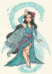 Rule 34 | belt, black hair, breasts, detached sleeves, disney, disney fairies (movie series), dress, fairy, fairy wings, fantasy, flower, hair flower, hair ornament, highres, kuridel, long hair, plant clothing, pointy ears, silvermist, simple background, smile, very long hair, water, water lily flower, watercraft, wings