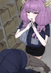 Rule 34 | 1boy, 1girl, anger vein, aura (sousou no frieren), black shoes, blue eyes, braid, breasts, clenched hand, commentary request, dark-skinned male, dark skin, highres, horns, large breasts, long hair, paid reward available, purple hair, sakura m fsn, shoes, sousou no frieren, sweat, textless version