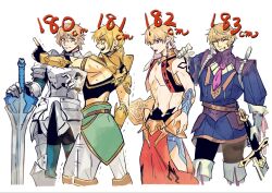 Rule 34 | 4boys, bags under eyes, blonde hair, blue eyes, color connection, cropped vest, earrings, fate/grand order, fate (series), fingerless gloves, gauntlets, gawain (fate), gilgamesh, gilgamesh (caster) (fate), gilgamesh (fate), gloves, grin, hair color connection, hand on another&#039;s shoulder, height connection, highres, holding, holding stone tablet, holding sword, holding weapon, jason (fate), jewelry, male focus, multiple boys, navel, necktie, open mouth, planted, planted sword, planted weapon, pointing, red eyes, roland (fate), short necktie, shoulder tattoo, smile, stone tablet, sword, tattoo, tetro mino361, trembling, turtleneck, vambraces, vest, weapon, white gloves, yellow eyes