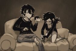 1boy 1girl andrew_graves ashley_graves black_hair breasts brother_and_sister choker clenched_teeth couch couple grimace highres medium_breasts medium_hair monochrome palzden pink_eyes punching siblings sock_puppet spot_color teeth the_coffin_of_andy_and_leyley worried