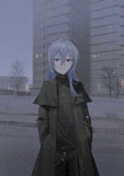 1girl bare_tree black_capelet black_jacket black_pants black_shirt blue_eyes building capelet chihuri closed_mouth commentary_request cross ear_piercing ende_(chihuri) grey_hair hands_in_pockets highres jacket latin_cross long_hair looking_at_viewer open_clothes open_jacket original outdoors pants piercing shirt smile snow snowing solo tree
