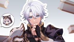 Rule 34 | 1boy, 1girl, animal ears, animal hood, antenna hair, armor, black choker, black gloves, black shirt, blue eyes, cat ears, cat hood, choker, cipher (honkai: star rail), closed mouth, coat, fingerless gloves, gloves, grey hair, hair between eyes, highres, honkai: star rail, honkai (series), hood, long hair, male focus, phainon (honkai: star rail), pochimaru (marumaru wanwan), second-party source, shirt, short hair, shoulder armor, smile, white hair