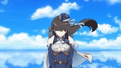 1girl bare_shoulders belt black_hair blue_coat blue_hat blue_necktie blue_ribbon blue_sky blue_sleeves breast_pocket brown_belt buttons closed_mouth cloud cloudy_sky coat collared_shirt commentary_request detached_sleeves faceless faceless_female facing_down goddess_of_victory:_nikke hair_flowing_over hair_ribbon hat head_down highres kaneki_ken light_smile long_hair marian_(nikke) military_uniform mini_hat necktie no_eyes on_chair pocket pupupuplus reflective_floor ribbon shirt sitting sky solo time_paradox tokyo_ghoul upper_body white_coat white_shirt