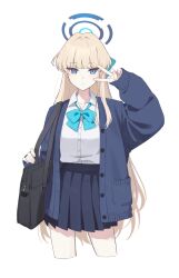 1girl bag black_skirt blonde_hair blue_archive blue_bow blue_bowtie blue_eyes blue_halo bow bowtie cardigan closed_mouth commentary_request hakuhatsu halo highres long_hair looking_at_viewer pleated_skirt school_bag shirt shoulder_bag simple_background skirt solo toki_(blue_archive) v very_long_hair white_background white_shirt