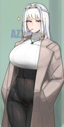 1girl absurdres antenna_hair azz0422 black_pants breasts coat expressionless gen_7_pokemon hands_in_pockets high-waist_pants highres huge_breasts long_hair long_sleeves nintendo pants personification pheromosa pokemon tight_clothes tight_pants trench_coat ultra_beast white_hair