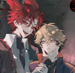 2boys animal_ears artist_request bishounen black_hair black_jacket black_shirt blonde_hair blue_jacket braid braided_ponytail chinese_commentary closed_mouth collared_shirt earrings fang fox_boy fox_ears hair_between_eyes hand_on_another&#039;s_face highres holding_another&#039;s_wrist jacket jacket_on_shoulders jewelry kemonomimi_mode long_hair long_sleeves looking_at_viewer male_focus multicolored_hair multiple_boys open_clothes open_mouth orange_eyes piercing red_eyes red_hair second-party_source shiguang_dailiren shirt short_hair single_braid single_earring sleeves_past_wrists smile sweat sweatdrop tail tassel tassel_earrings turtleneck white_shirt xia_fei xiao_weiying yaoi