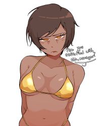 1girl absurdres bikini breasts brown_hair commentary cyanidegray dark-skinned_female dark_skin english_commentary english_text gold_bikini highres limbus_company looking_at_viewer medium_breasts open_mouth orange_eyes outis_(project_moon) project_moon short_hair simple_background solo swimsuit upper_body white_background wrinkled_skin