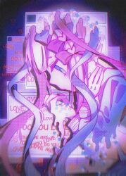 1girl blue_bow blue_eyes blue_hair bow chinese_commentary chouzetsusaikawa_tenshi-chan commentary_request dissolving english_text from_side hair_bow hands_up highres long_hair long_sleeves looking_down mai_mai multicolored_hair multiple_hair_bows needy_girl_overdose pill pink_bow pink_hair profile quad_tails sailor_collar solo text_background upper_body window_(computing)