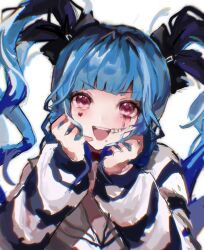 1girl amemiya_darumi black_bow black_hair blue_hair blush bow close-up face_piercing female_focus hand_up heart lip_piercing long_sleeves looking_at_viewer multicolored_hair piercing pink_eyes shirt striped_clothes striped_shirt teeth the_hundred_line_-last_defense_academy- twintails upper_body upper_teeth_only white_background y67204593527301