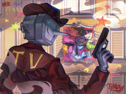 1girl 1other 2boys absurdres ant_tenna black_hat black_vest blood blood_on_hands blue_skin brown_hat character_name colored_skin commentary cowboy_hat crt deltarune english_commentary furry furry_female furry_male gabe_(gabeirg) gloves green-framed_eyewear green_shirt gun hat hat_ornament highres holding holding_gun holding_weapon horns jacket kris_(dark_world)_(deltarune) kris_(deltarune) multiple_boys object_head parted_lips pink_skin pointy_nose ralsei red_jacket sharp_teeth shirt smoke smoke_trail susie_(dark_world)_(deltarune) susie_(deltarune) sweat teeth twitter_username vest weapon white_gloves white_shirt yellow_shirt