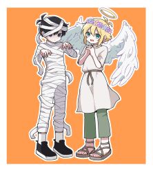 2boys alternate_costume angel_wings antenna_hair basil_(faraway)_(omori) basil_(omori) black_eyes black_hair blonde_hair blue_eyes blush closed_mouth fake_halo fake_wings flower full_body halo head_wreath highres kiimorisame looking_at_viewer male_focus multiple_boys mummy_costume omori open_mouth orange_background sandals shoes short_hair short_sleeves simple_background smile sneakers socks sunny_(omori) teeth upper_teeth_only white_socks wings