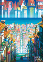artist_name bag blurry building city cityscape dated day depth_of_field fantasy hat multiple_boys multiple_girls ocean original outdoors plant potted_plant railing scenery signature sky stairs standing town yukoiwase