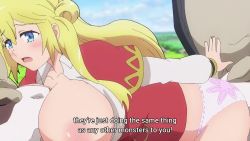 1girl animated anime_screenshot ass bent_over bestiality between_breasts blonde_hair blue_eyes breasts breasts_out cleavage cow cunnilingus cunnilingus_through_clothes enome face_to_breasts forced futoku_no_guild highres huge_breasts jacket long_hair long_sleeves mature_female nipples no_bra one_eye_closed open_clothes open_mouth open_shirt oral orange_jacket panties pink_panties rape shirt sidelocks sound tagme tearing_up thighs underwear video white_shirt