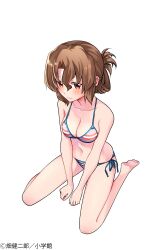 1girl absurdres bare_shoulders bikini blush breasts brown_hair cleavage collarbone feet folded_ponytail hata_kenjirou hayate_no_gotoku! highres large_breasts legs looking_at_viewer looking_up maria_(hayate_no_gotoku!) navel official_art red_eyes simple_background solo stomach striped_bikini striped_clothes swimsuit thighs toes white_background