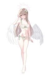 1girl absurdres alternate_costume angel_wings bare_shoulders barefoot blue_archive blush braid breasts breasts_apart brown_hair closed_mouth collarbone commentary crown_braid feathered_wings flower full_body hair_between_eyes hair_flower hair_ornament halo hand_up highres kurumi_lm long_hair looking_at_viewer low_wings medium_breasts nagisa_(blue_archive) navel panties pink_flower side-tie_panties simple_background smile solo standing stomach underwear very_long_hair white_background white_flower white_panties white_wings wings yellow_eyes