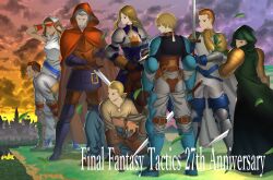 Rule 34 | 3girls, 5boys, absurdres, agrias oaks, anniversary, armor, bandana, beowulf cadmus, black shirt, blue footwear, breastplate, brown eyes, brown footwear, brown gloves, brown hair, brown pants, brown robe, cape, cidolfus orlandeau, copyright name, dawn, elbow pads, everyone, final fantasy, final fantasy tactics, gauntlets, gloves, grass, green robe, highres, holding, holding sword, holding weapon, hood, knee pads, looking to the side, meliadoul tengille, multiple boys, multiple girls, mustadio bunansa, on floor, pants, purple armor, ramza beoulve, rapha galthena, red bandana, robe, shirt, shoulder pads, sitting, standing, sword, titans 4822, weapon, white pants, white shirt, yellow armor, yellow shirt
