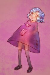 1girl blue_eyes blue_hair dress full_body heterochromia highres loafers red_eyes shoes short_hair solo tatara_kogasa thighhighs tongue tongue_out touhou yst