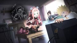 1girl 3boys book boots boxing_gloves controller game_controller haruno_sakura hatake_kakashi multiple_boys naruto naruto_(series) naruto_mobile official_art playing_games sitting sitting_on_table table television uchiha_sasuke uzumaki_naruto