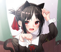 1girl animal_ears arm_up black_dress black_hair black_hairband blurry blurry_background blush cat_ears cat_girl cat_tail collared_shirt commentary curtains depth_of_field dress fake_animal_ears female_focus fingernails folded_ponytail hair_ribbon hairband highres indoors kaguya-sama_wa_kokurasetai_~tensai-tachi_no_renai_zunousen~ kemonomimi_mode long_sleeves looking_at_viewer neck_ribbon open_mouth parted_bangs paw_pose red_eyes red_ribbon ribbon romaji_commentary school_uniform shinomiya_kaguya shirt shuuchiin_academy_school_uniform sidelocks solo tail tail_raised the_cold upper_body