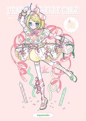 1girl alternate_costume blonde_hair blue_eyes box candle capelet character_name cherichuxx cherry closed_mouth confetti dot_mouth food fruit full_body gloves green_ribbon hair_ornament hairclip highres holding holding_box kagamine_rin looking_at_viewer medium_hair pink_background pink_ribbon ribbon shoes short_sleeves simple_background skirt solo sprinkles standing thighhighs tutu vocaloid white_capelet white_gloves white_thighhighs wrist_cuffs yellow_shoes yellow_skirt
