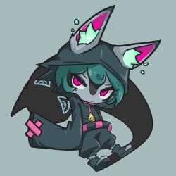 1girl 1other absurdres animal_ear_fluff black_hoodie black_pants closed_mouth colored_skin curly_hair ears_through_headwear ears_through_hood green_hair grey_skin highres hood hood_up hoodie jitome league_of_legends looking_at_viewer medium_hair pants pink_eyes sandals simple_background sleeves_past_fingers sleeves_past_wrists taigokimi.jpg very_long_sleeves vex_(minecraft) vex_shadow_(league_of_legends) yordle