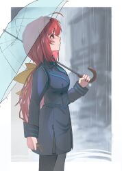 1girl absurdres ahoge black_jacket black_pantyhose black_skirt blue_necktie blue_trim bow hair_intakes highres holding holding_umbrella jacket kagami_sumika long_hair low_ponytail military_uniform muv-luv muv-luv_alternative necktie pantyhose ponytail rain red_eyes red_hair skirt solo takasata_takina transparent transparent_umbrella umbrella umbrella_over_shoulder very_long_hair