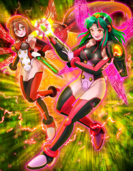 2girls absurdres arm_cannon armor bare_shoulders black_leotard breasts brown_hair corruption dagger dark_persona electricity energy_wings full_body glowing green_hair hat highres holding holding_dagger holding_knife holding_weapon iris_(mega_man) kiwakiwa knife leotard long_hair medium_breasts medium_hair mega_man_(series) mega_man_x_(manga) mega_man_x_(series) multicolored_hair multiple_girls multiple_wings pink_hair pink_leotard pink_wings powering_up red_eyes red_hair red_hat red_leotard red_wings shoulder_armor streaked_hair teal_(mega_man) two-tone_hair weapon white_leotard wings yellow_background