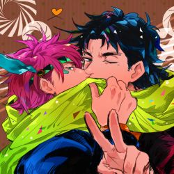 2boys alternate_hair_color aqua_eyes bad_id bad_pixiv_id black_hair brown_background caesar_anthonio_zeppeli covered_mouth facial_mark feather_hair_ornament feathers hair_ornament headband heart jojo_no_kimyou_na_bouken joseph_joestar joseph_joestar_(young) kiss looking_at_viewer male_focus mullet multiple_boys one_eye_closed oreha00701 pink_hair polka_dot polka_dot_background scarf shared_clothes shared_scarf simple_background v wink yaoi