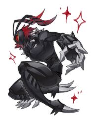 armor black_armor bug confeito000_333 digimon digimon_(creature) full_body highres red_eyes red_hair shoulder_spikes simple_background spikes stingmon_(black) twitter_username white_background