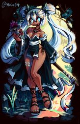 1girl arm_tattoo bare_shoulders black_choker black_dress blue_eyes breasts bright_pupils china_dress chinese_clothes choker cleavage dark_skin detached_sleeves dress facial_tattoo full_body grass highres holding jewelry leg_tattoo long_hair long_sleeves mogy64 nail_polish necklace original outdoors panties rock sandals shoulder_tattoo side-tie_panties side_slit smile solo standing standing_on_one_leg tattoo toenail_polish toenails tribal twintails underwear very_long_hair water weapon weapon_on_back white_hair white_pupils