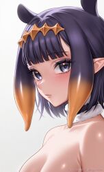 1girl absurdres armpit_crease artist_name bare_shoulders blue_eyes blush breasts choker cleavage closed_mouth diamond_hairband expressionless eyeliner eyeshadow fur-trimmed_choker fur_trim gradient_hair highres hololive hololive_english looking_at_viewer makeup medium_breasts multicolored_hair ninomae_ina&#039;nis orange_hair purple_eyeshadow purple_hair shiny_skin short_hair sidelocks simple_background solo tentacle_hair two-tone_hair upper_body virtual_youtuber viviria white_background