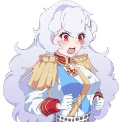 1girl aiguillette alpha_(alpha_1918) angry armband blue_sash blush breasts buttons clenched_hands collar cross cross_pendant epaulettes findoworld fluffy fluffy_hair gloves gold_buttons gold_trim hair_between_eyes hair_ornament lips long_hair looking_to_the_side medium_breasts military military_uniform non-web_source official_art open_mouth original pink_lips red_eyes red_sleeve_cuffs revision russian_empire sash sleeve_cuffs solo sticker teeth tongue transparent transparent_background upper_teeth_only very_long_hair white_gloves white_hair
