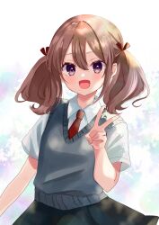 1girl :d black_skirt blush brown_hair brown_ribbon collared_shirt copyright_request hair_between_eyes hair_ribbon hand_up highres looking_at_viewer necktie open_mouth purple_eyes red_necktie ribbon rino_cnc school_uniform shirt short_sleeves skirt smile solo sweater_vest textless_version twintails v white_shirt