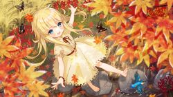 Rule 34 | 1girl, :d, autumn leaves, barefoot, bird, blonde hair, blue bird, blue eyes, blush, brown ribbon, bug, butterfly, commentary request, commission, day, dress, full body, highres, insect, leaf, long hair, neck ribbon, open mouth, original, outdoors, outstretched arms, ribbon, rock, short sleeves, shuu (syuuuuuuuuuu), skeb commission, smile, solo, spread arms, walking, yellow dress