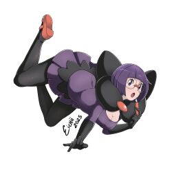 1girl :o black_gloves black_pantyhose black_scarf breasts cleavage commentary dress eyelashes full_body glasses gloves hand_up highres holding holding_pen nintendo okumura_eichii open_mouth orange_shoes pantyhose pen pokemon pokemon_bw purple_dress purple_eyes purple_hair scarf shauntal_(pokemon) shoes short_hair signature simple_background solo tongue white_background
