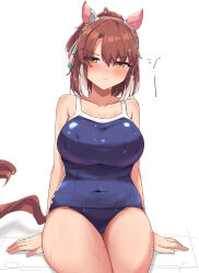 1girl :t absurdres animal_ears blue_one-piece_swimsuit breasts closed_mouth dantsu_flame_(umamusume) gryebooks highres horse_ears horse_girl large_breasts one-piece_swimsuit pout simple_background sitting solo swimsuit tracen_swimsuit umamusume wet wet_clothes wet_swimsuit white_background yellow_eyes