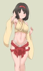 Rule 34 | 1girl, adapted costume, black eyes, black hair, cropped kimono, detached sleeves, erika (pokemon), female focus, fundoshi, gym leader, hairband, highres, izuna masaru, japanese clothes, matching hair/eyes, navel, nintendo, pokemon, pokemon frlg, red hairband, red ribbon, ribbon, short hair, simple background, smile, solo, standing